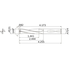 MAS04531MB HTi10 0.4531″ Dia. × 0.4724″ Shank × 2.444″ Flute Length × 4.255″ OAL, 140°, 2 Flute, Coolant Thru, Solid Carbide Drill