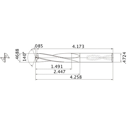 MAS04688MB HTi10 0.4688″ Dia. × 0.4724″ Shank × 2.447″ Flute Length × 4.258″ OAL, 140°, 2 Flute, Coolant Thru, Solid Carbide Drill