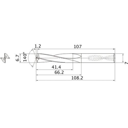 MAS0670LB HTI10 6.7 mm Dia. × 7 mm Shank × 66.2 mm Flute Length × 108.2 mm OAL, 140°, 2 Flute, Coolant Thru, Solid Carbide Drill
