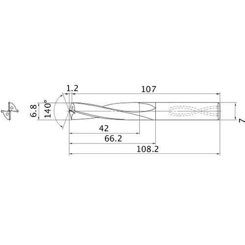 MAS0680LB HTI10 6.8 mm Dia. × 7 mm Shank × 66.2 mm Flute Length × 108.2 mm OAL, 140°, 2 Flute, Coolant Thru, Solid Carbide Drill