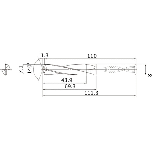 MAS0710LB HTI10 7.1 mm Dia. × 8 mm Shank × 69.3 mm Flute Length × 111.3 mm OAL, 140°, 2 Flute, Coolant Thru, Solid Carbide Drill
