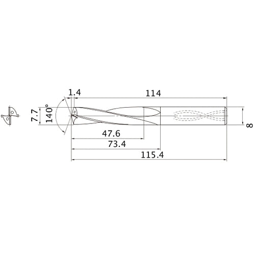 MAS0770LB HTI10 7.7 mm Dia. × 8 mm Shank × 73.4 mm Flute Length × 115.4 mm OAL, 140°, 2 Flute, Coolant Thru, Solid Carbide Drill