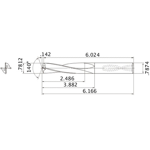 MAS07812MB HTi10 0.7812″ Dia. × 0.7874″ Shank × 3.882″ Flute Length × 6.166″ OAL, 140°, 2 Flute, Coolant Thru, Solid Carbide Drill