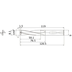 MAS0810LB HTI10 8.1 mm Dia. × 9 mm Shank × 76.5 mm Flute Length × 120.5 mm OAL, 140°, 2 Flute, Coolant Thru, Solid Carbide Drill