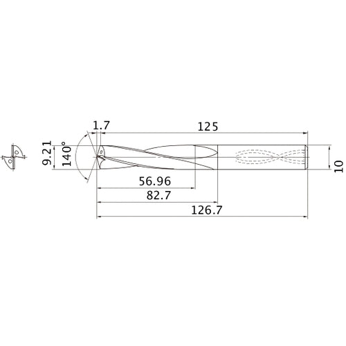 MAS0921LB HTI10 9.21 mm Dia. × 10 mm Shank × 82.7 mm Flute Length × 126.7 mm OAL, 140°, 2 Flute, Coolant Thru, Solid Carbide Drill