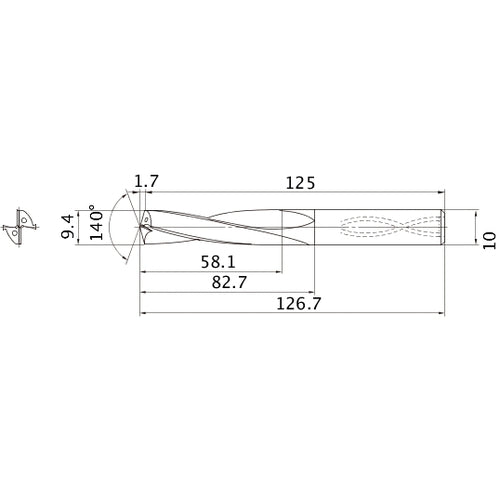 MAS0940LB HTI10 9.4 mm Dia. × 10 mm Shank × 82.7 mm Flute Length × 126.7 mm OAL, 140°, 2 Flute, Coolant Thru, Solid Carbide Drill