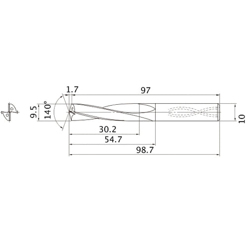 MAS0950MB HTi10 9.5 mm Dia. × 10 mm Shank × 54.7 mm Flute Length × 98.7 mm OAL, 140°, 2 Flute, Coolant Thru, Solid Carbide Drill