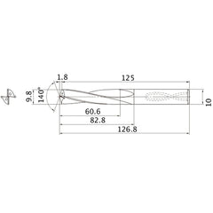 MAS0980LB HTI10 9.8 mm Dia. × 10 mm Shank × 82.8 mm Flute Length × 126.8 mm OAL, 140°, 2 Flute, Coolant Thru, Solid Carbide Drill