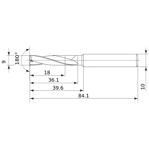 MFE0900X02S100 DP1020 9 mm Dia. × 10 mm Shank × 36 mm Flute Length × 84 mm OAL, 180°, 2 Flute, External Coolant, Solid Carbide Drill
