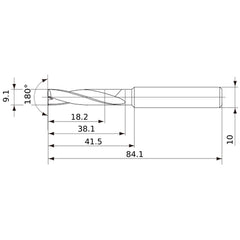 MFE0910X02S100 DP1020 9.1 mm Dia. × 10 mm Shank × 38 mm Flute Length × 84 mm OAL, 180°, 2 Flute, External Coolant, Solid Carbide Drill