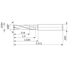 ‎MFE0913X02S100 DP1020 0.3594″ Dia. × 0.394″ Shank × 1-1/2″ Flute Length × 3.311″ OAL, 180°, 2 Flute, External Coolant, Solid Carbide Drill