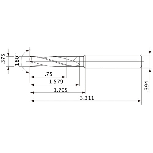 MFE0953X02S100 DP1020 3/8″ Dia. × 0.394″ Shank × 1.579″ Flute Length × 3.311″ OAL, 180°, 2 Flute, External Coolant, Solid Carbide Drill