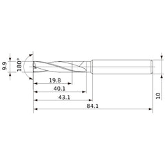 MFE0990X02S100 DP1020 9.9 mm Dia. × 10 mm Shank × 40 mm Flute Length × 84 mm OAL, 180°, 2 Flute, External Coolant, Solid Carbide Drill
