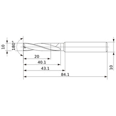MFE1000X02S100 DP1020 10 mm Dia. × 10 mm Shank × 40 mm Flute Length × 84 mm OAL, 180°, 2 Flute, External Coolant, Solid Carbide Drill