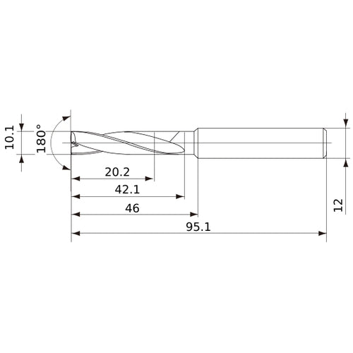 MFE1010X02S120 DP1020 10.1 mm Dia. × 12 mm Shank × 42 mm Flute Length × 95 mm OAL, 180°, 2 Flute, External Coolant, Solid Carbide Drill