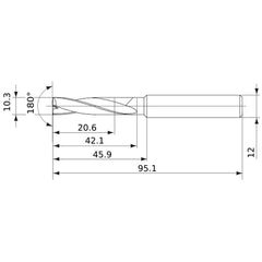 MFE1030X02S120 DP1020 10.3 mm Dia. × 12 mm Shank × 42 mm Flute Length × 95 mm OAL, 180°, 2 Flute, External Coolant, Solid Carbide Drill