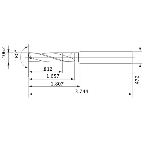 MFE1032X02S120 DP1020 0.4062″ Dia. × 0.472″ Shank × 1.657″ Flute Length × 3.744″ OAL, 180°, 2 Flute, External Coolant, Solid Carbide Drill