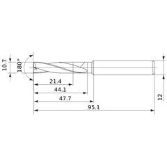 MFE1070X02S120 DP1020 10.7 mm Dia. × 12 mm Shank × 44 mm Flute Length × 95 mm OAL, 180°, 2 Flute, External Coolant, Solid Carbide Drill