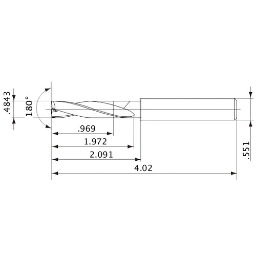 MFE1230X02S140 DP1020 0.4843″ Dia. × 0.551″ Shank × 1.972″ Flute Length × 4.02″ OAL, 180°, 2 Flute, External Coolant, Solid Carbide Drill