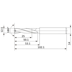 MFE1250X02S140 DP1020 12.5 mm Dia. × 14 mm Shank × 50 mm Flute Length × 102 mm OAL, 180°, 2 Flute, External Coolant, Solid Carbide Drill