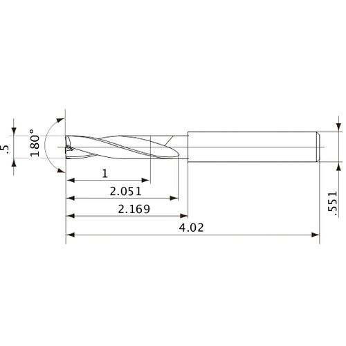 MFE1270X02S140 DP1020 1/2″ Dia. × 0.551″ Shank × 2.051″ Flute Length × 4.02″ OAL, 180°, 2 Flute, External Coolant, Solid Carbide Drill