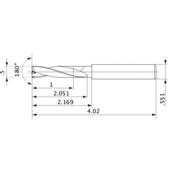 MFE1270X02S140 DP1020 1/2″ Dia. × 0.551″ Shank × 2.051″ Flute Length × 4.02″ OAL, 180°, 2 Flute, External Coolant, Solid Carbide Drill