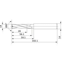 MFE1400X02S140 DP1020 14 mm Dia. × 14 mm Shank × 56 mm Flute Length × 102 mm OAL, 180°, 2 Flute, External Coolant, Solid Carbide Drill