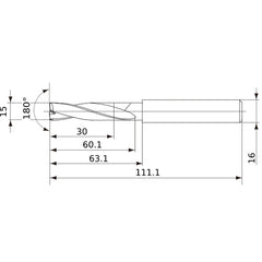 MFE1500X02S160 DP1020 15 mm Dia. × 16 mm Shank × 60 mm Flute Length × 111 mm OAL, 180°, 2 Flute, External Coolant, Solid Carbide Drill