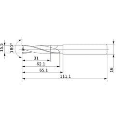 MFE1550X02S160 DP1020 15.5 mm Dia. × 16 mm Shank × 62 mm Flute Length × 111 mm OAL, 180°, 2 Flute, External Coolant, Solid Carbide Drill