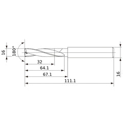 MFE1600X02S160 DP1020 16 mm Dia. × 16 mm Shank × 64 mm Flute Length × 111 mm OAL, 180°, 2 Flute, External Coolant, Solid Carbide Drill