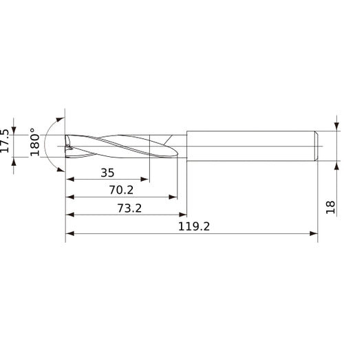 MFE1750X02S180 DP1020 17.5 mm Dia. × 18 mm Shank × 70 mm Flute Length × 119 mm OAL, 180°, 2 Flute, External Coolant, Solid Carbide Drill