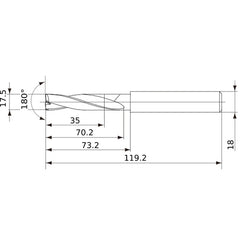 MFE1750X02S180 DP1020 17.5 mm Dia. × 18 mm Shank × 70 mm Flute Length × 119 mm OAL, 180°, 2 Flute, External Coolant, Solid Carbide Drill