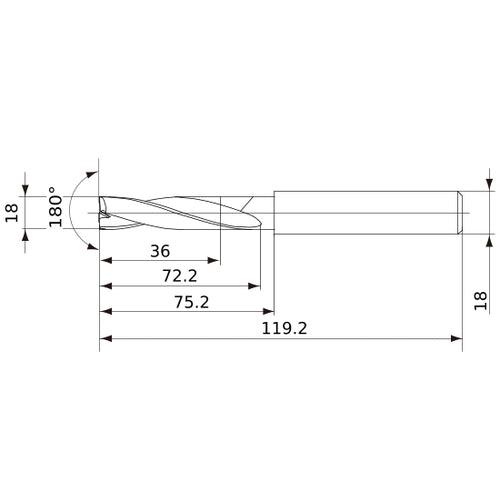 MFE1800X02S180 DP1020 18 mm Dia. × 18 mm Shank × 72 mm Flute Length × 119 mm OAL, 180°, 2 Flute, External Coolant, Solid Carbide Drill
