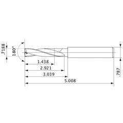 MFE1826X02S200 DP1020 0.7188″ Dia. × 0.787″ Shank × 2.921″ Flute Length × 5.008″ OAL, 180°, 2 Flute, External Coolant, Solid Carbide Drill