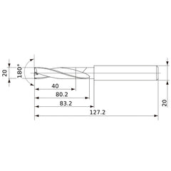 MFE2000X02S200 DP1020 20 mm Dia. × 20 mm Shank × 80 mm Flute Length × 127 mm OAL, 180°, 2 Flute, External Coolant, Solid Carbide Drill