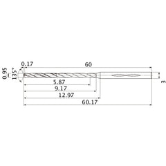 MHS0095L009B VP15TF 0.95 mm Dia. × 3 mm Shank × 9.17 mm Flute Length × 60.17 mm OAL, 135°, 2 Flute, Coolant Thru, Solid Carbide Drill