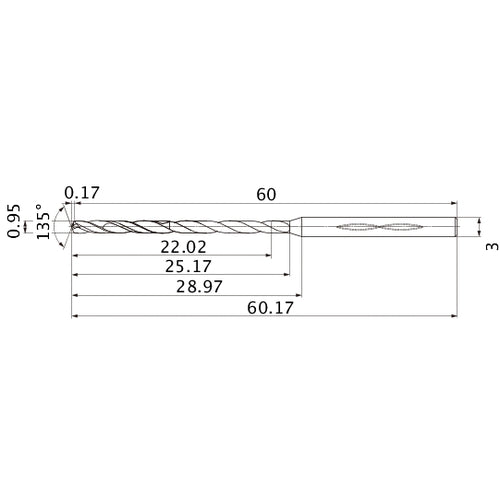 MHS0095L025B VP15TF 0.95 mm Dia. × 3 mm Shank × 25.17 mm Flute Length × 60.17 mm OAL, 135°, 2 Flute, Coolant Thru, Solid Carbide Drill