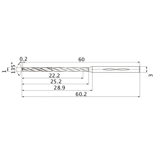 MHS0100L025B VP15TF 1 mm Dia. × 3 mm Shank × 25.2 mm Flute Length × 60.2 mm OAL, 135°, 2 Flute, Coolant Thru, Solid Carbide Drill