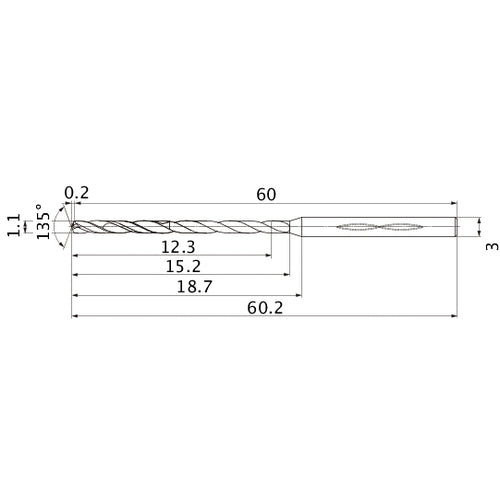 MHS0110L015B VP15TF 1.1 mm Dia. × 3 mm Shank × 15.2 mm Flute Length × 60.2 mm OAL, 135°, 2 Flute, Coolant Thru, Solid Carbide Drill