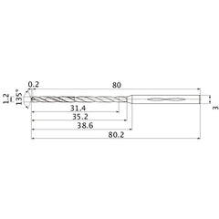 MHS0120L035B VP15TF 1.2 mm Dia. × 3 mm Shank × 35.2 mm Flute Length × 80.2 mm OAL, 135°, 2 Flute, Coolant Thru, Solid Carbide Drill