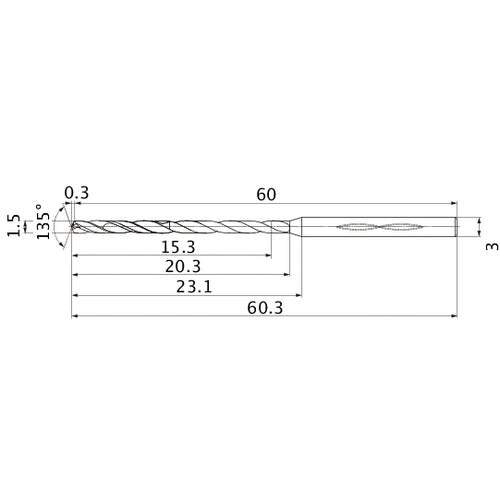 MHS0150L020B VP15TF 1.5 mm Dia. × 3 mm Shank × 20.3 mm Flute Length × 60.3 mm OAL, 135°, 2 Flute, Coolant Thru, Solid Carbide Drill