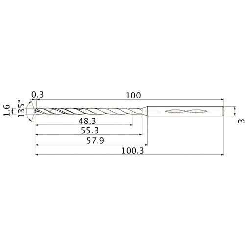 MHS0160L055B VP15TF 1.6 mm Dia. × 3 mm Shank × 55.3 mm Flute Length × 100.3 mm OAL, 135°, 2 Flute, Coolant Thru, Solid Carbide Drill