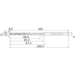 MHS0200L065B VP15TF 2 mm Dia. × 3 mm Shank × 65.4 mm Flute Length × 100.4 mm OAL, 135°, 2 Flute, Coolant Thru, Solid Carbide Drill