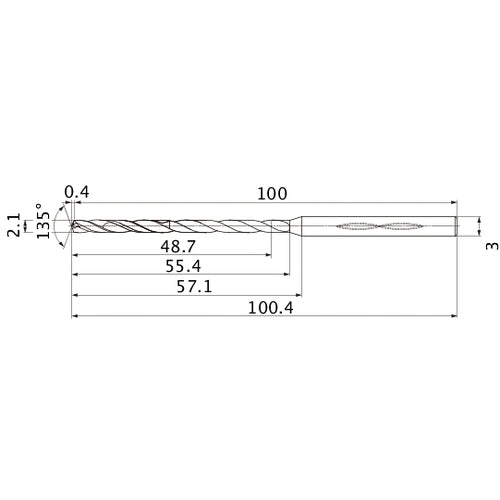 MHS0210L055B VP15TF 2.1 mm Dia. × 3 mm Shank × 55.4 mm Flute Length × 100.4 mm OAL, 135°, 2 Flute, Coolant Thru, Solid Carbide Drill