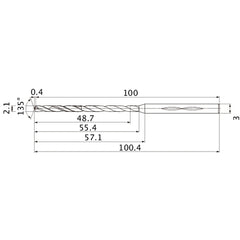 MHS0210L055B VP15TF 2.1 mm Dia. × 3 mm Shank × 55.4 mm Flute Length × 100.4 mm OAL, 135°, 2 Flute, Coolant Thru, Solid Carbide Drill