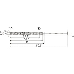 MHS0220L030B VP15TF 2.2 mm Dia. × 3 mm Shank × 30.5 mm Flute Length × 80.5 mm OAL, 135°, 2 Flute, Coolant Thru, Solid Carbide Drill