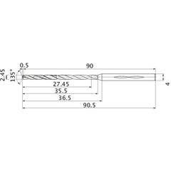 MHS0245L035B VP15TF 2.45 mm Dia. × 4 mm Shank × 35.5 mm Flute Length × 90.5 mm OAL, 135°, 2 Flute, Coolant Thru, Solid Carbide Drill