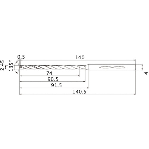 MHS0245L090B VP15TF 2.45 mm Dia. × 4 mm Shank × 90.5 mm Flute Length × 140.5 mm OAL, 135°, 2 Flute, Coolant Thru, Solid Carbide Drill