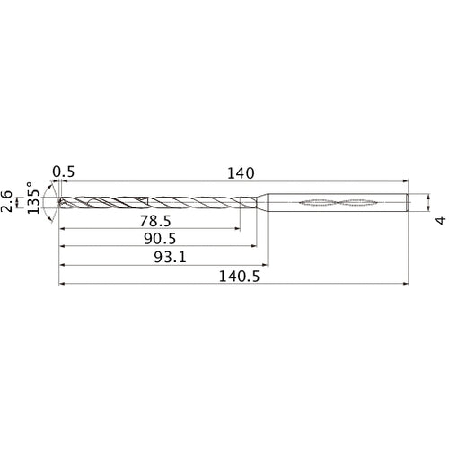 MHS0260L090B VP15TF 2.6 mm Dia. × 4 mm Shank × 90.5 mm Flute Length × 140.5 mm OAL, 135°, 2 Flute, Coolant Thru, Solid Carbide Drill