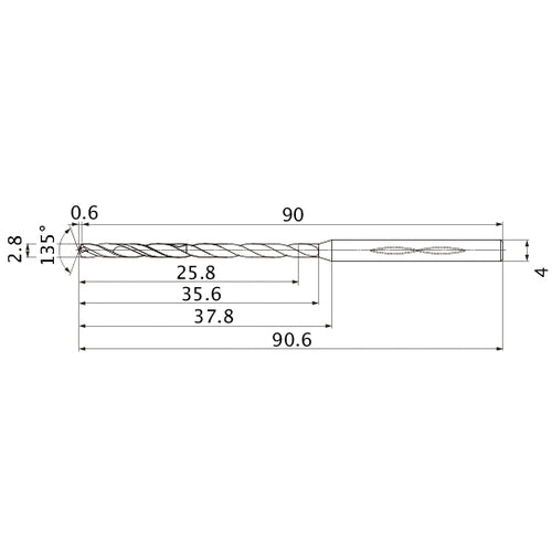 MHS0280L035B VP15TF 2.8 mm Dia. × 4 mm Shank × 35.6 mm Flute Length × 90.6 mm OAL, 135°, 2 Flute, Coolant Thru, Solid Carbide Drill